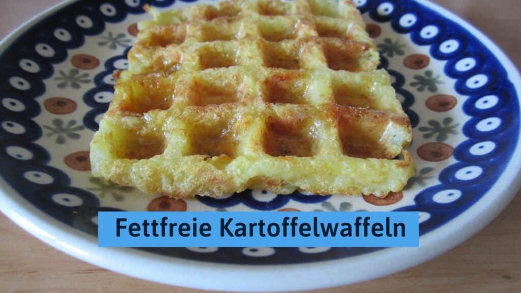 A crispy fat-free potato waffle on a blue and white plate