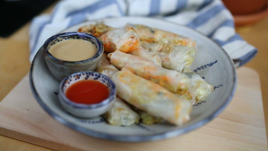 Rouleaux de printemps sur assiette avec 2 sauces