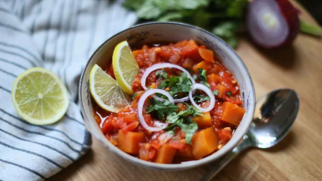 Sweet potato tortilla soup in a bowl