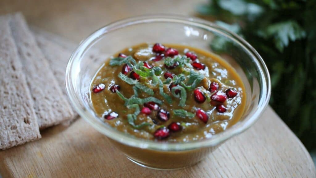 Fat-free eggplant dip in glass bowl