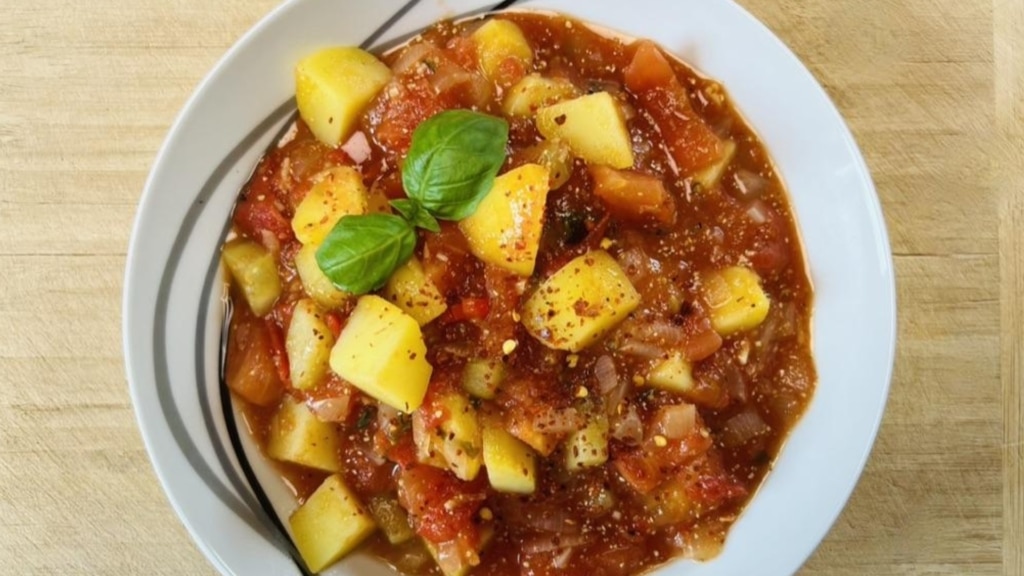 Piatto di patate piccanti con cetriolo in salsa di pomodoro e senape