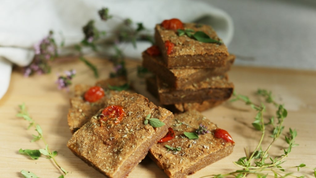 Sliced focaccia with tomatoes