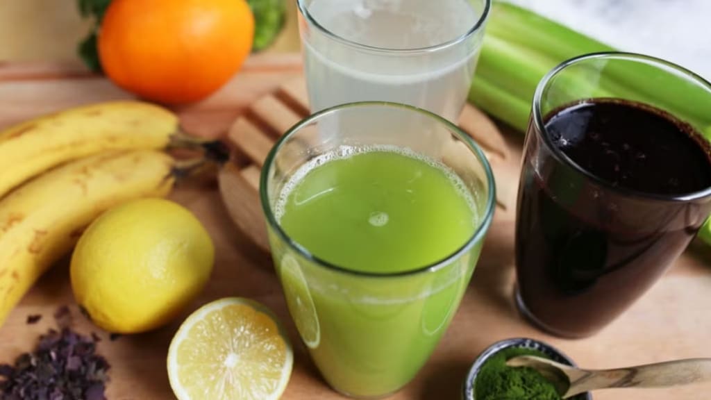 Glass of celery juice and heavy metal detox smoothie